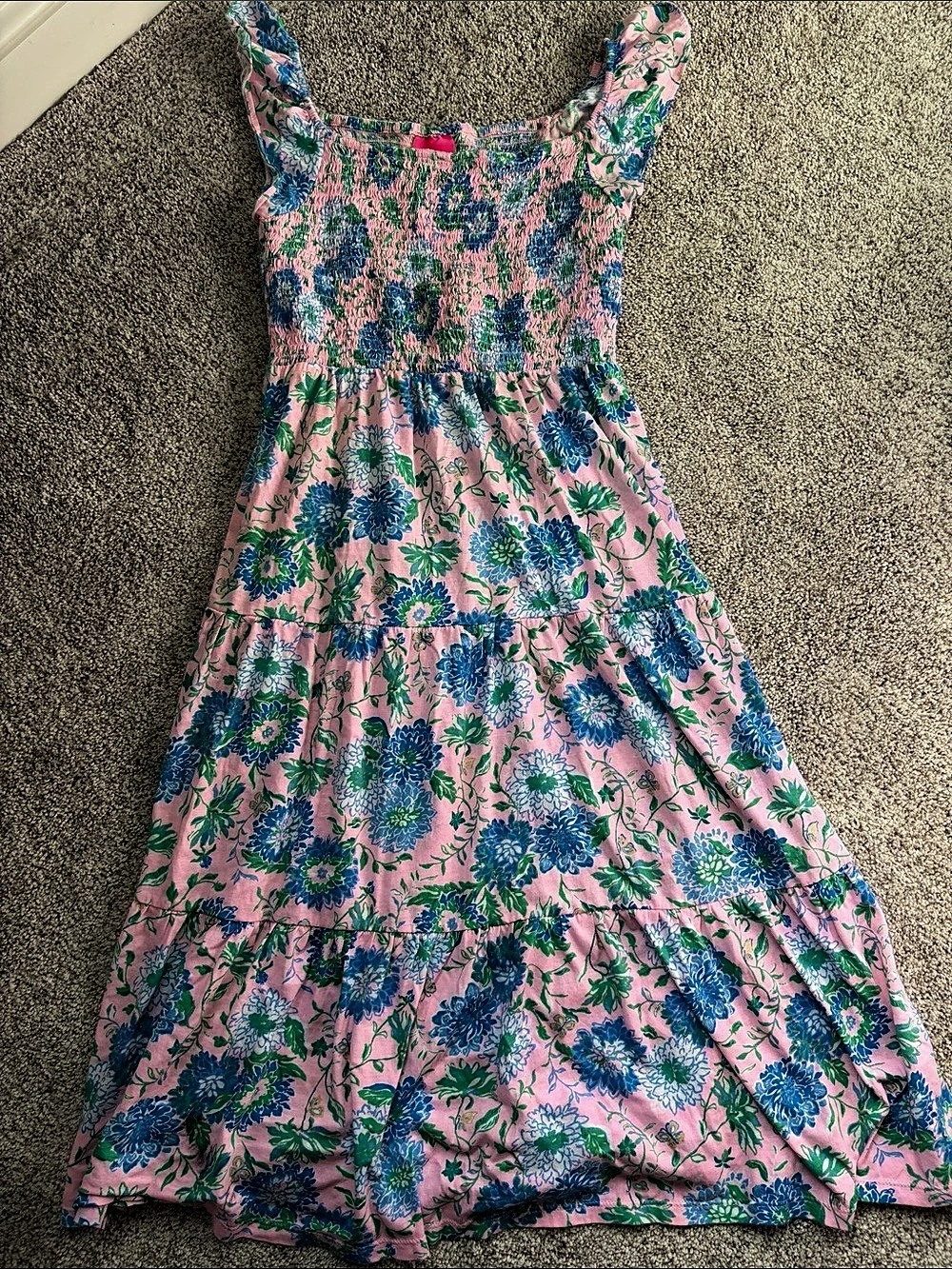 Lilly Pulitzer Girls Hadly Smocked Maxi Dress Floral Pink & Blue Large